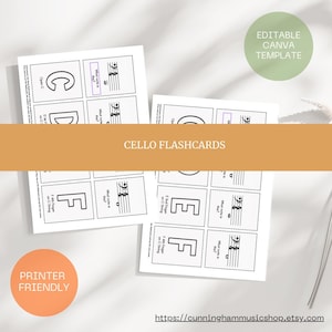 Puede incluir: Tarjetas didácticas de violonchelo con notas musicales y posiciones de los dedos. Las tarjetas presentan las letras C, D, E y F, junto con notación musical. También se ven las palabras "Printer Friendly" y "Editable Canva Template".