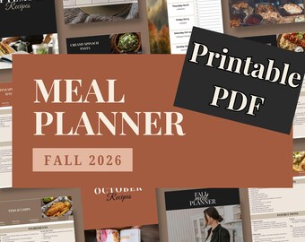 Puede incluir: Un planificador de comidas digital para el otoño de 2026 presentado como un PDF imprimible. El diseño incluye varias páginas, como tarjetas de recetas, calendarios mensuales y horarios semanales con superposiciones de texto.