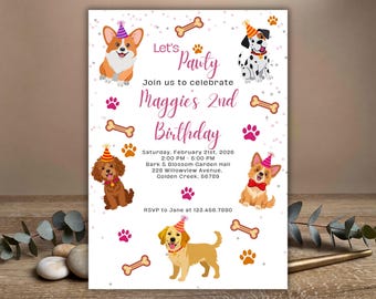 May include: A party invitation featuring cartoon dogs wearing party hats. The invitation reads "Let's Pawty" and celebrates "Maggie's 2nd Birthday." Pink paw prints and bone illustrations decorate the invitation. The date, time, and location are also included.