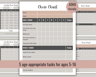 May include: A set of printable chore charts with a neutral color scheme. The charts include sections for daily and weekly tasks, with space for points. Text includes "Chore Chart", "ADHD friendly", and "5 age-appropriate tasks for ages 5-16".