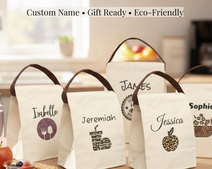 Personalized Canvas Lunch Bag Custom Name Lunchbox Gift for Coworker Leopard Print Design Reusable Eco Friendly School Gift