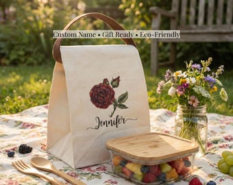 Bolsa de almuerzo personalizada con diseño de flores y nombre personalizado para mujer