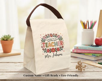 Personalized Teacher Lunch Bag Custom Name Canvas Bag with Strap Choose Font and Icon Teacher Gift Lunch Tote for Women or Coworkers