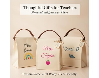 Personalized Teacher Lunch Bag Custom Name Canvas Bag with Strap Choose Font and Icon Teacher Gift Lunch Tote for Women or Coworkers