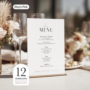 May include: A white bar menu with gold accents, listing drinks, beer, wine, and spirits. The menu is on a table with glasses and flowers. The text "Bar Menu" is at the top. The image also includes the text "12 Templates" and "Mojave Suite".