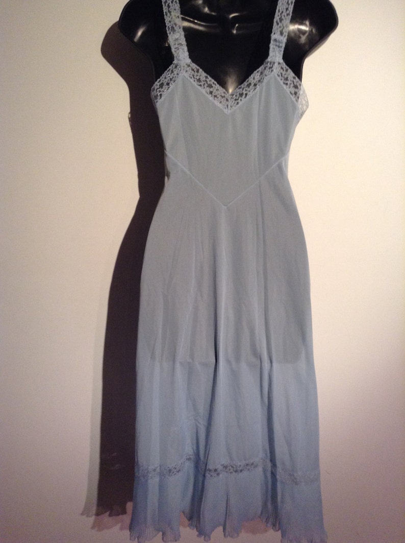 Vintage 1960 Maggie the cat. Rockabilly Accordion Pleated Sheer Chiffon Blue Gown or slip by Luxite Size 32 Mad Men Bettie Page