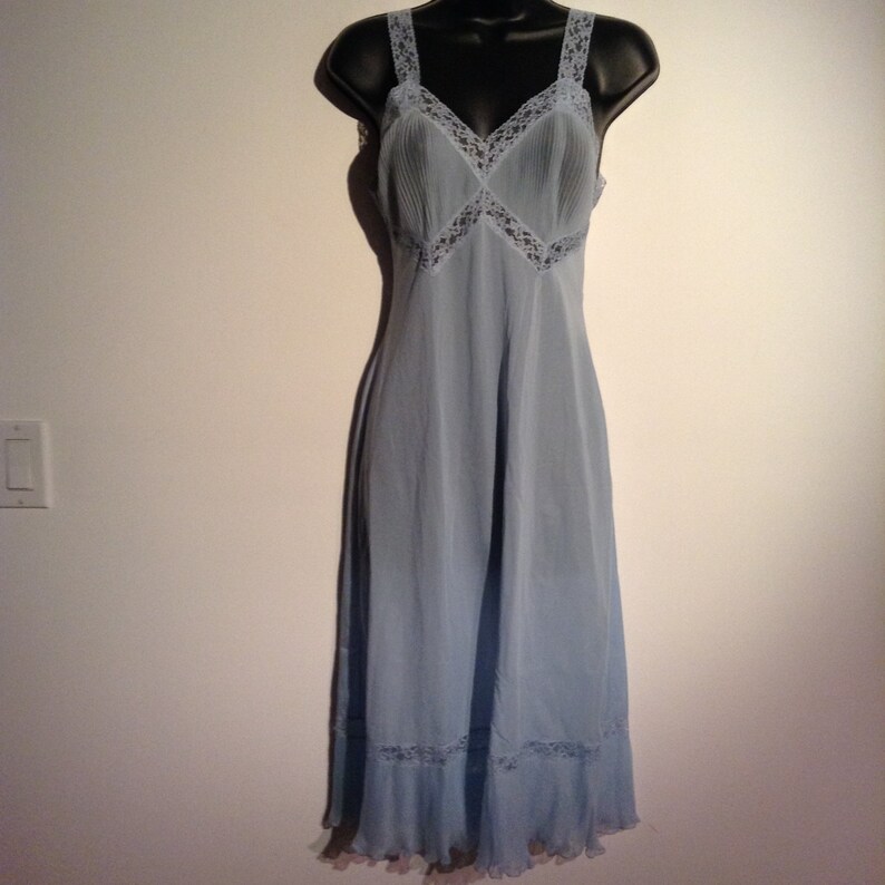 Vintage 1960 Maggie the cat. Rockabilly Accordion Pleated Sheer Chiffon Blue Gown or slip by Luxite Size 32 Mad Men Bettie Page