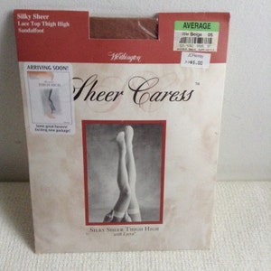 Vintage Lace Top Sheer Caress Stockings.   1 Pair Thigh High Nylons, Beige. Size Average.   NEVER WORN, Sheer Hosiery. Sexy, Pin up.