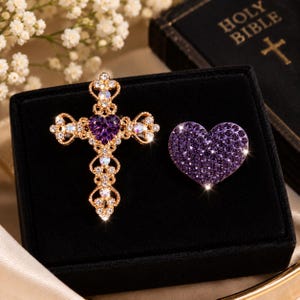 Può includere: Una spilla a croce in metallo dorato con una pietra centrale a forma di cuore viola e cristalli trasparenti, accanto a una spilla a forma di cuore ricoperta di piccoli cristalli viola, su un portagioie quadrato in velluto nero.