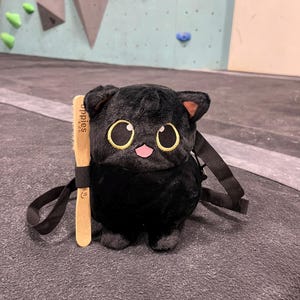 May include: A black plush cat-shaped bag with large, round eyes and a pink mouth. It has a wooden brush attached and black straps. The background shows a climbing wall with colorful holds.
