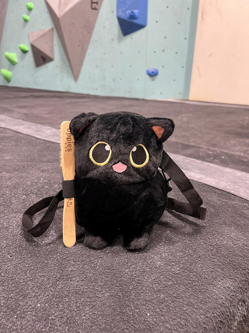 May include: A black plush cat-shaped bag with large, round eyes and a pink mouth. It has a wooden brush attached and black straps. The background shows a climbing wall with colorful holds.