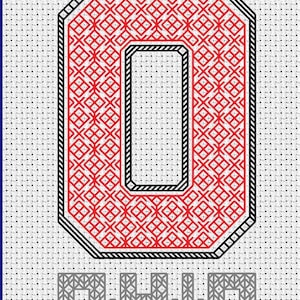 May include: A red and black embroidered letter "O" with a black outline. The letter is surrounded by a white background with a grey pattern. Below the letter is the word "OHIO" in grey embroidered letters.