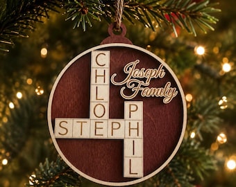 Personalized Wooden Crossword Ornament: Family Names Keepsake Tree Decoration