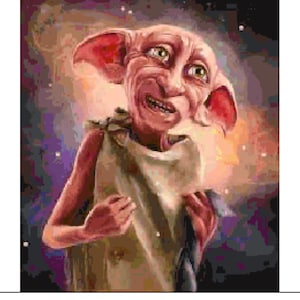 May include: A cross-stitch pattern featuring Dobby the house-elf from the Harry Potter series. The pattern is 225 stitches wide by 281 stitches tall, and requires 18 count Aida cloth. The finished size is 12.5 inches by 15.6 inches.