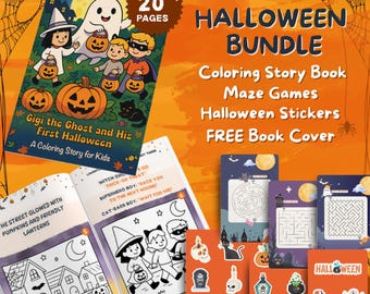May include: A Halloween bundle featuring a coloring storybook titled "Gigi the Ghost and His First Halloween", maze games, stickers, and a free book cover. The cover art includes children in costumes, pumpkins, and a ghost. The bundle includes 20 pages.