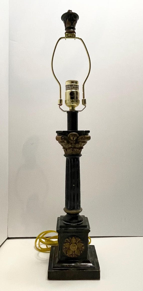 Vintage Neoclassical Black accented Resin Corinthian Column Style Table Lamp