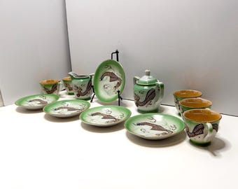 Antique Dragonware Hand Painted Moriage & Gold Gilt Porcelain Tea Set of 12