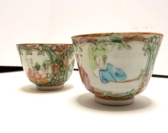 Antique Late Qing Period Chinese Famille Rose Medallion Hand Painted Porcelain Teacups
