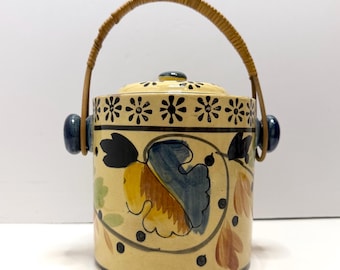 Vintage MCM Japanese Hand Painted Porcelain Biscuit Jar with Wicker Handle