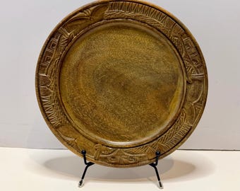 Vintage Hand Carved Wood East Asian Folk Art Rustic Decorative Charger Plate