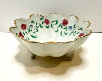 Vintage Bibi Japan Footed Porcelain Bowl Gold Gilt Floral Scalloped Candy Dish
