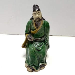 Antique Chinese Shiwan Tiny Mud Man Pottery Scholar Sage Figurine Green Glaze
