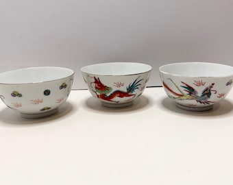 Vintage kinesiska 3 handmålade drake Phoenix MCM Famille Restaurant Ware skålar