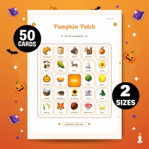 May include: A Pumpkin Patch themed game card with 50 cards and 2 sizes available. The card features illustrations of fall harvest items like pumpkins, corn, and a squirrel. The text "Pumpkin Patch" and "Folk Harvest" are displayed.