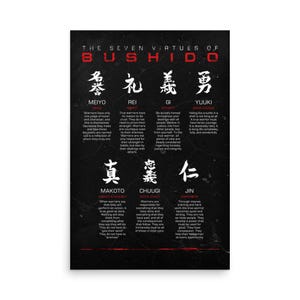 May include: A black poster with the text "The Seven Virtues of Bushido" in red. The poster features Japanese characters and English translations for each virtue, including Meiyo, Rei, Gi, Yuuki, Makoto, Chuugi, and Jin. The background has a textured appearance.