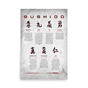 May include: A poster displaying the seven virtues of Bushido, with Japanese characters and English translations. The design features a textured background and red and black text, detailing virtues like Honour, Respect, and Courage.