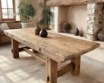Farmhouse Wooden Table – Handmade Rustic Solid Wood Dining Room Table, Country Style Kitchen Furniture for Farmhouse Home Design