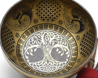 9 Inches Tree of Life Singing Bowl -Sacred Geometry Flower of Life Art - Sound Healing, Meditation, Therapy Bowl -Calm & Mindfulness, Energy