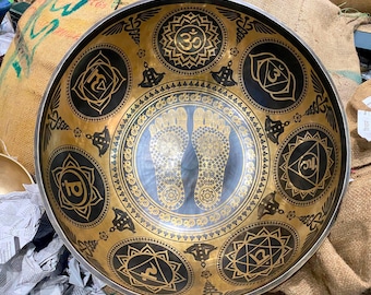 Extra Large Peace Buddha Feet Carved - Sound Energy Healing Singing Bowl - Seven Chakra Symbol Sacred Geometry - Mindfulness, Therapy & Yoga