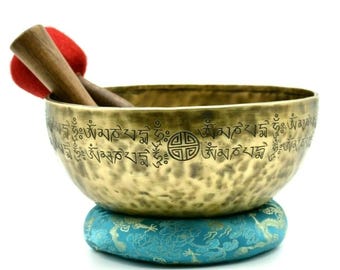 22 cm Diameter Full Moon Singing Bowl - Tibetan Full Mantra Carving - Deep Sound Healing, Meditation, Therapy Bowls - Chakra Energy Balance