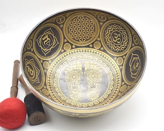 13 Inches Large Buddha Feet Carving Singing Bowl - Sound Healing, Meditation, Therapy, Yoga Bowls - Spiritual Chakra Energy Balance - Nepal