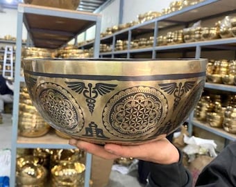 Ciotola tibetana con intaglio geometrico del Fiore della Vita, 25 cm - Guarigione sonora spirituale - Meditazione, terapia, yoga e consapevolezza - Equilibrio dei chakra