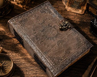 Celestial Sun Moon Leather Journal, Book of Shadows, Handmade Grimoire, Vintage Lock Journal, Moon Phase Diary, Witchy Gift