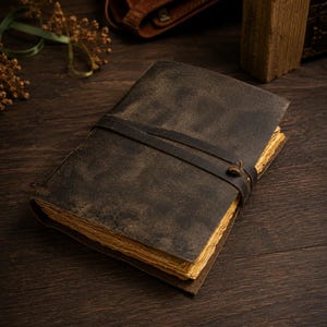 May include: A dark brown leather journal with a weathered, matte texture and a wrap-around leather cord closure. The journal features thick, deckled-edge pages with a light tan, aged appearance, visible along the side of the closed book.