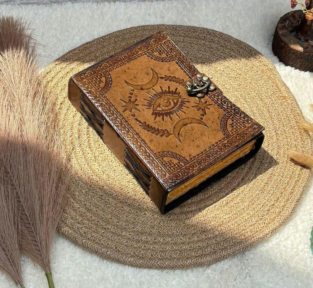 Evil Eye Leather Journal | Sun & Moon Grimoire, Vintage Lock (7x5 ...