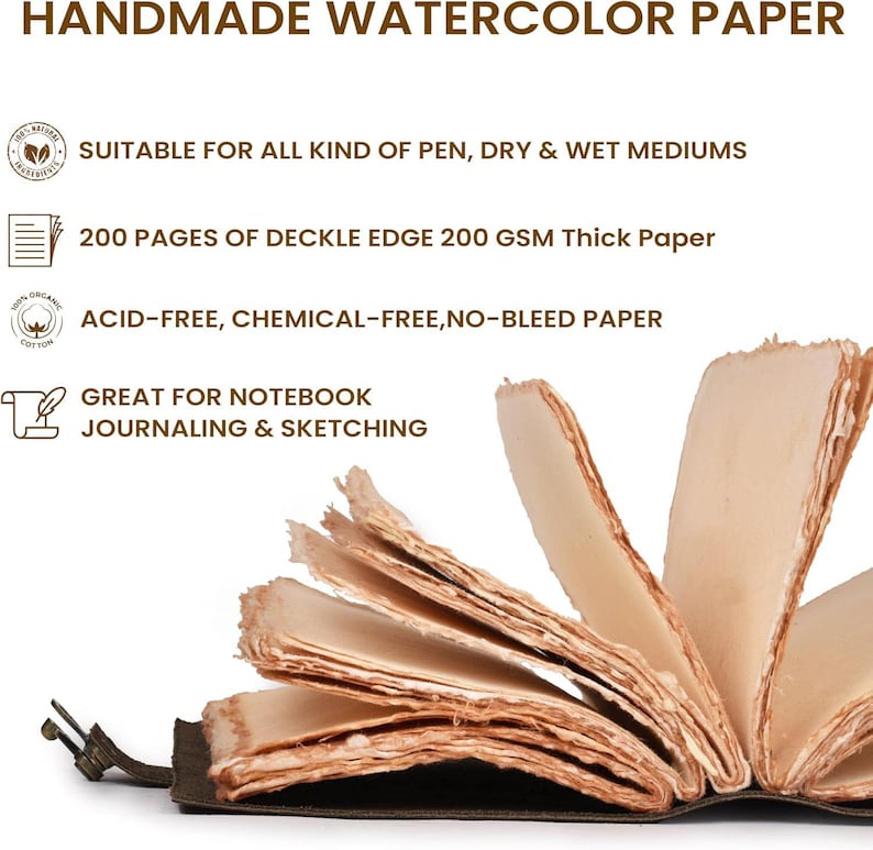 May include: Handmade watercolor paper notebook with deckle edges. The open book displays thick, cream-colored pages. Text on the image states it is suitable for pen, dry & wet mediums, 200 pages, acid-free, and great for journaling & sketching.