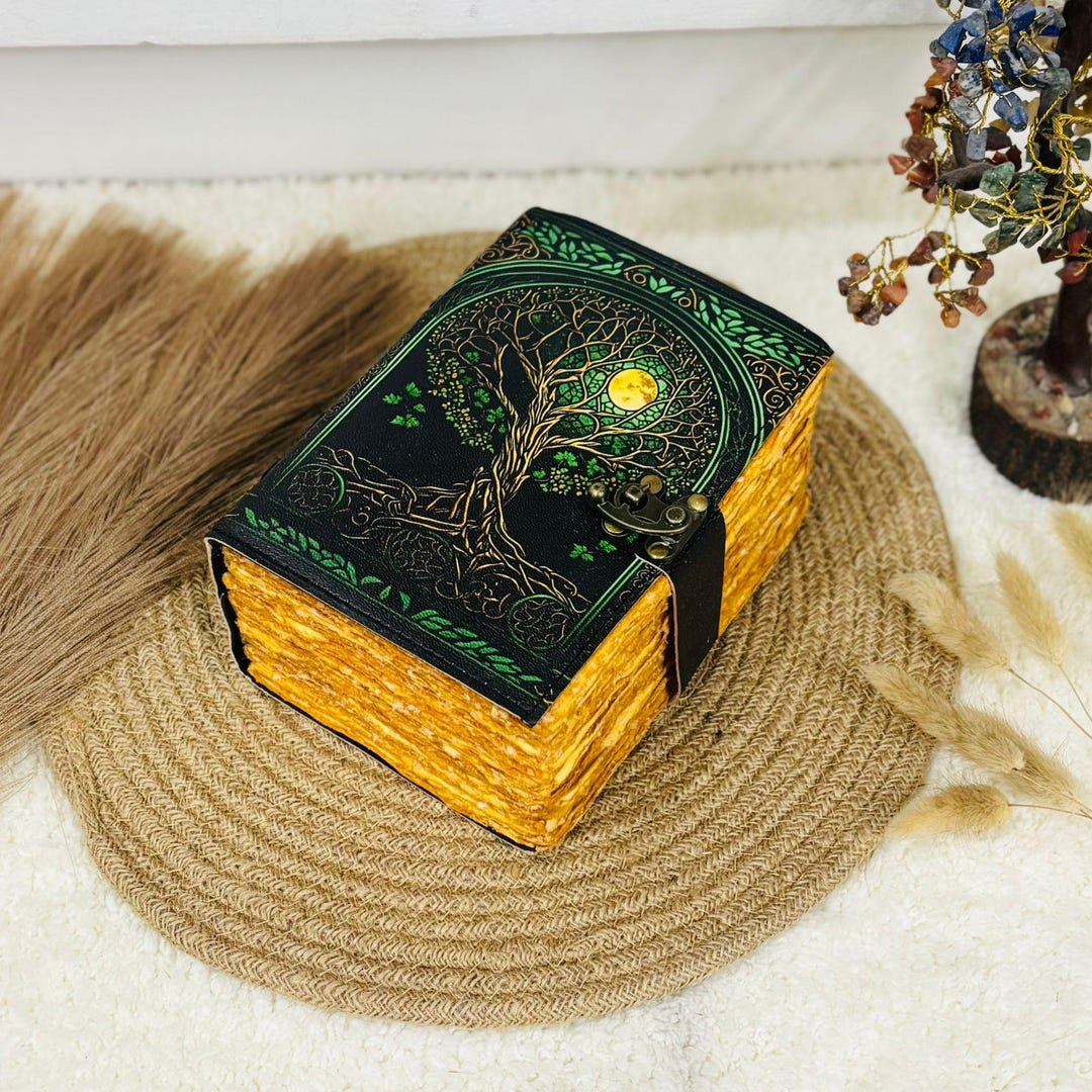 Tree of Life Leather Grimoire Journal, Blank Book of Shadows, 400 Page ...