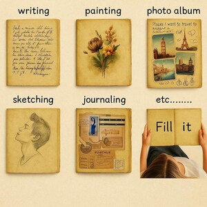 May include: A collection of vintage-style journals and sketchbooks. Each book is labeled with a different activity: writing, painting, photo album, sketching, journaling, and "Fill it". The photo album shows travel destinations.