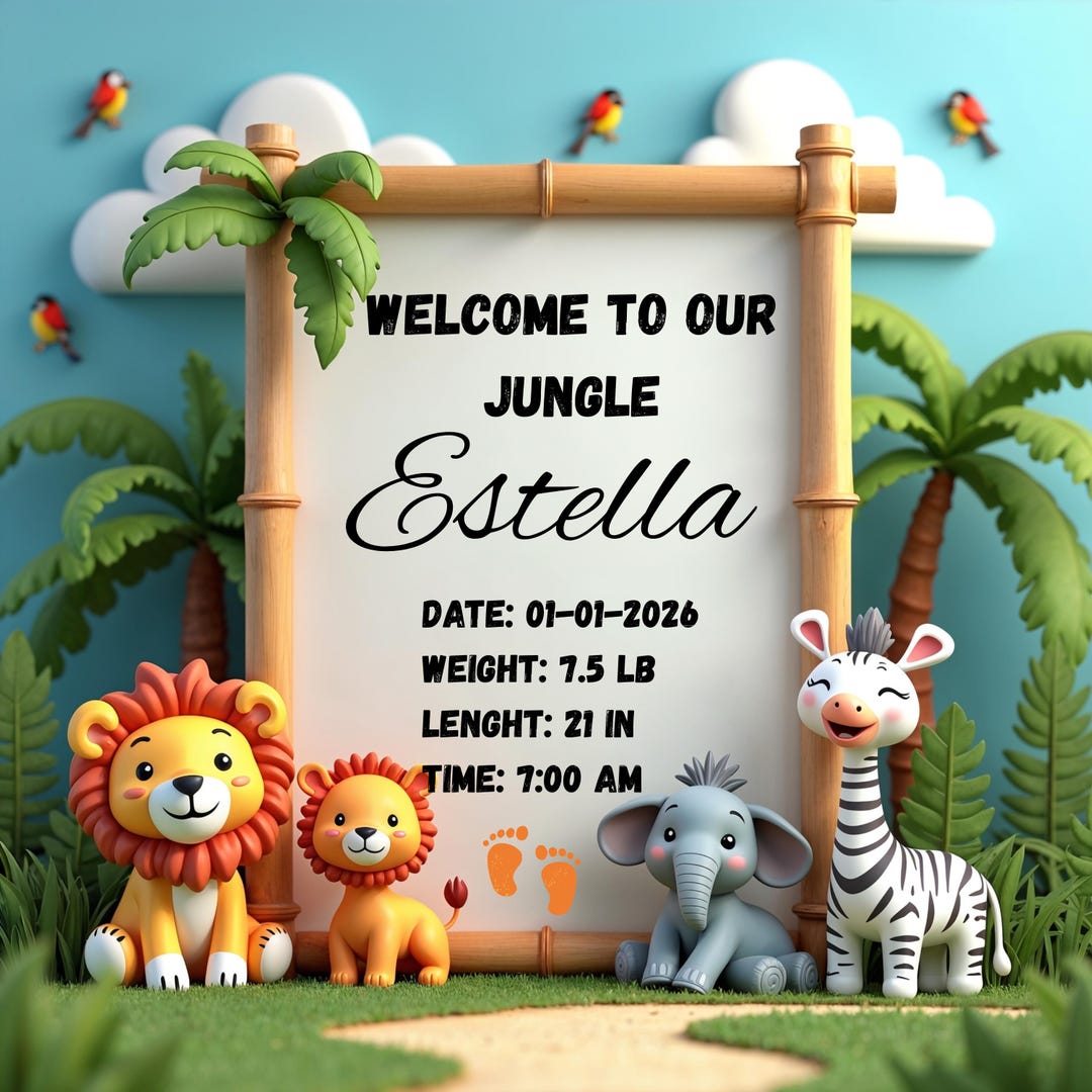 Birth Announcement Template, Editable Canva Baby Introduction, Jungle ...