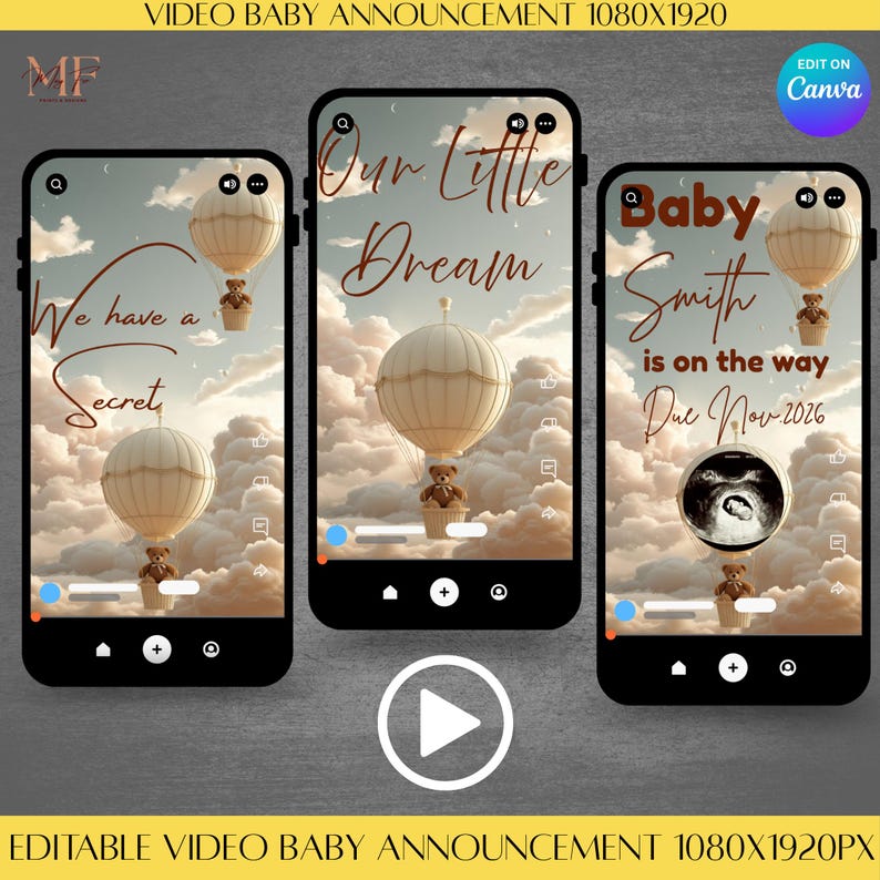Pregnancy Reveal Video Template Editable Canva Teddy Bear Baby ...