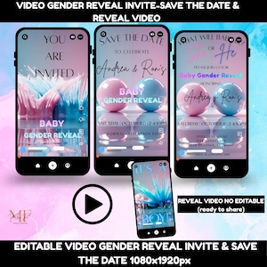 May include: Four smartphone screens displaying digital gender reveal video invitations. The designs feature pink and blue spheres, abstract splashes, and text including 'You Are Invited', 'Save The Date', and 'Baby Gender Reveal' with event details.