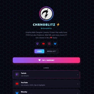 Puede incluir: Una página de perfil digital para CHRNOBLITZ con un fondo hexagonal oscuro, un logotipo circular con un rayo y una lista de enlaces a redes sociales que incluyen Twitch, YouTube, Bluesky, Instagram, Ko-fi, Etsy y Retro Modding Affiliate.