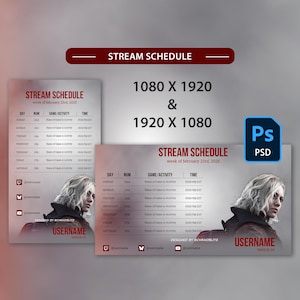 Peut inclure: Modèle de planning de stream numérique avec une image de femme, le texte "STREAM SCHEDULE" et la date "week of february 23rd, 2025". Comprend des icônes de médias sociaux et le texte "USERNAME twitch.tv".