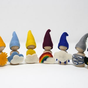 Può includere: Un set di otto bambole di legno con cappelli di feltro e decorazioni a tema meteorologico. Le bambole sono vestite di bianco, giallo, blu, viola, grigio e nero. Le decorazioni includono un fiocco di neve, un sole, una nuvola, un arcobaleno, una nuvola di pioggia, una nuvola temporalesca e un fulmine.