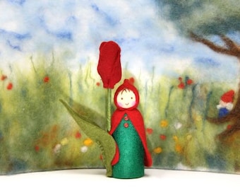 red Tulip child seasons table, flower child, spring, waldorf, Nature Table, spring time