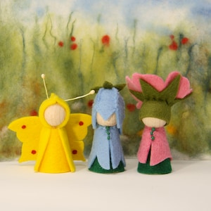 Summer 2. Set Dog rose, bell flower, brimstone butterfly / Flower peg doll Waldorf Inspired natural Table doll